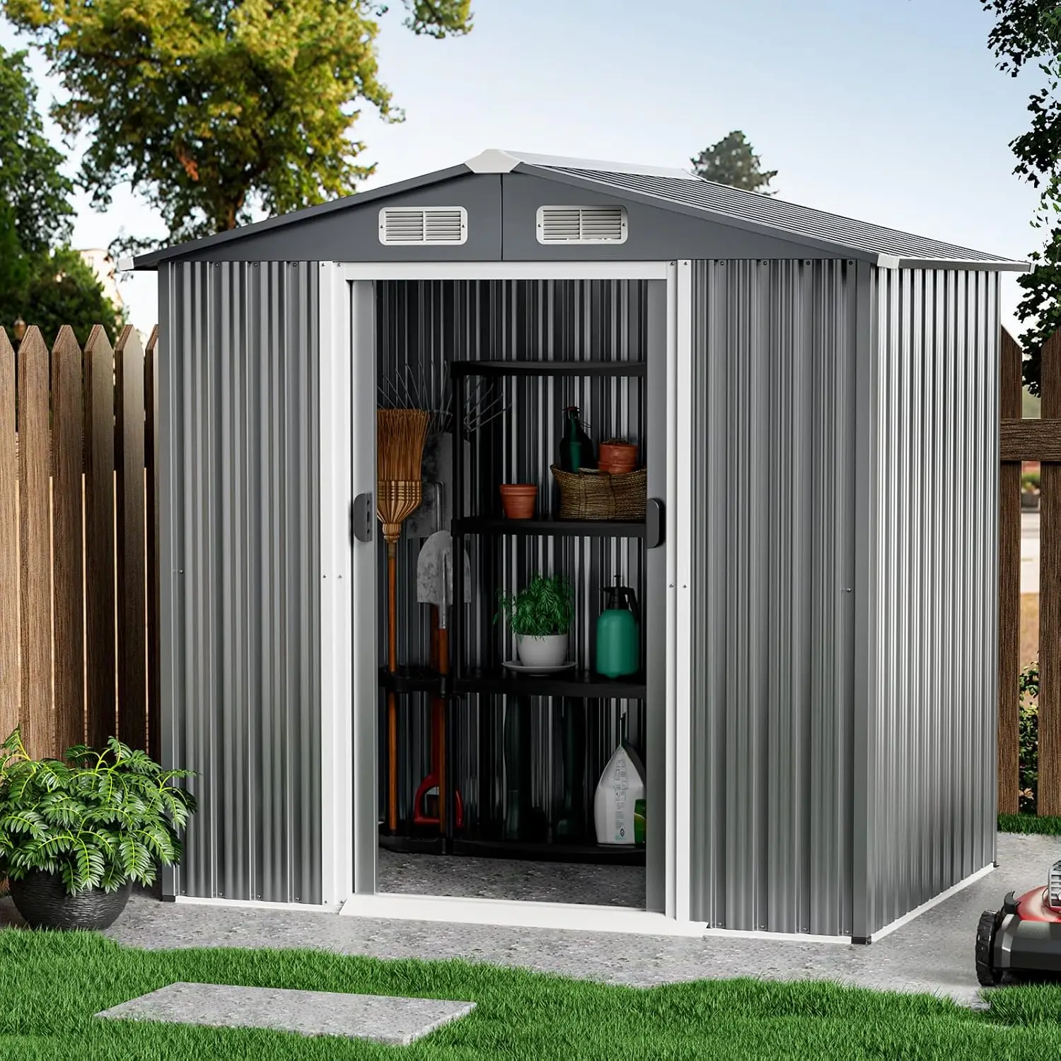 Goplus 6' x 4' Outdoor Storage Shed, Weather-Resistant Galvanized Metal Tool House w/ 4 Air Vents, Lockable Sliding Doors, Ramp,