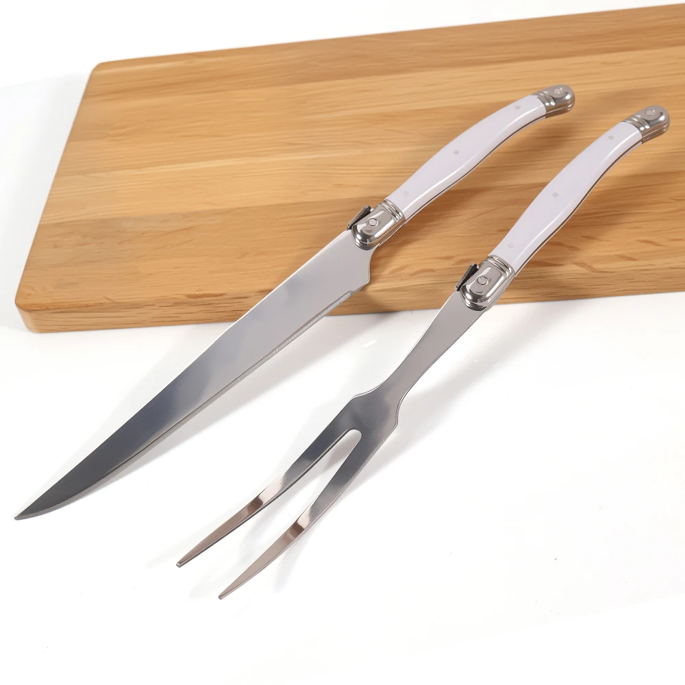 

Jaswehome 2pcs White ABS Handle Steak knife Roasting Fork Set With Wooden Box Stainless steel Dinner Knife Salad Fork Tableware