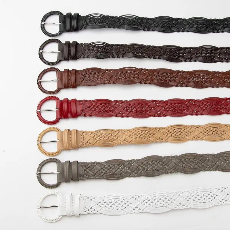 Women Wide Braided Waist Belt Vintage Round Buckle Woven Hollow Out Bonded Leather Waistband Boho Dress Jeans Buckle Belt 110cm