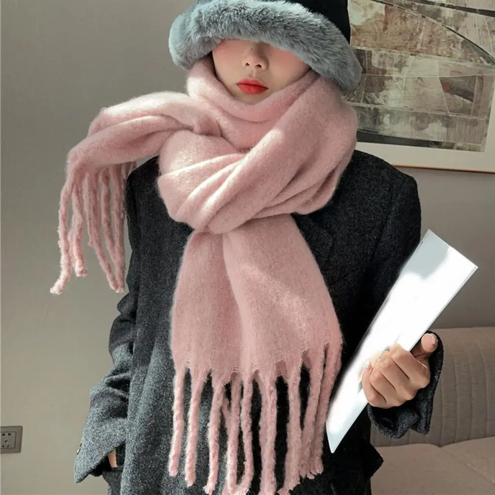 Lady Scarf Thermal Plush Winter Shawl Thickened Knitted Solid Color Anti-shrink Women School Office Scarf Clothes Accessories