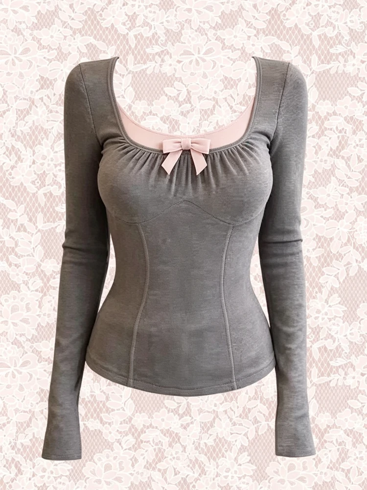 Women Harajuku Y2k Patchwork Slim Tops Hot Girls Long Sleeve Elegant Fashion Blouse Korean Style Solid Casual Comfy Tees Chic