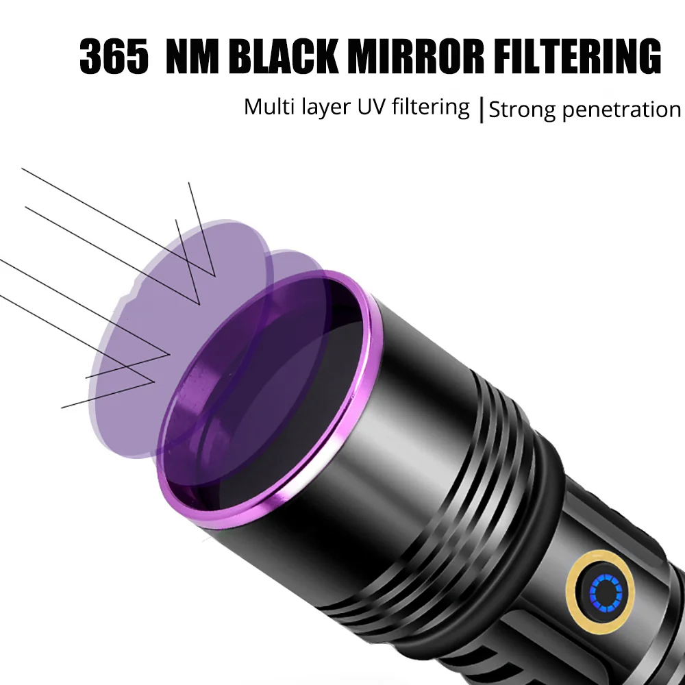 UV Black Mirror 50W Fluorescence Detection Lamp Purple LED Flashlight USB Strong Light 365NM UV For Anti-counterfeiting Jewelry