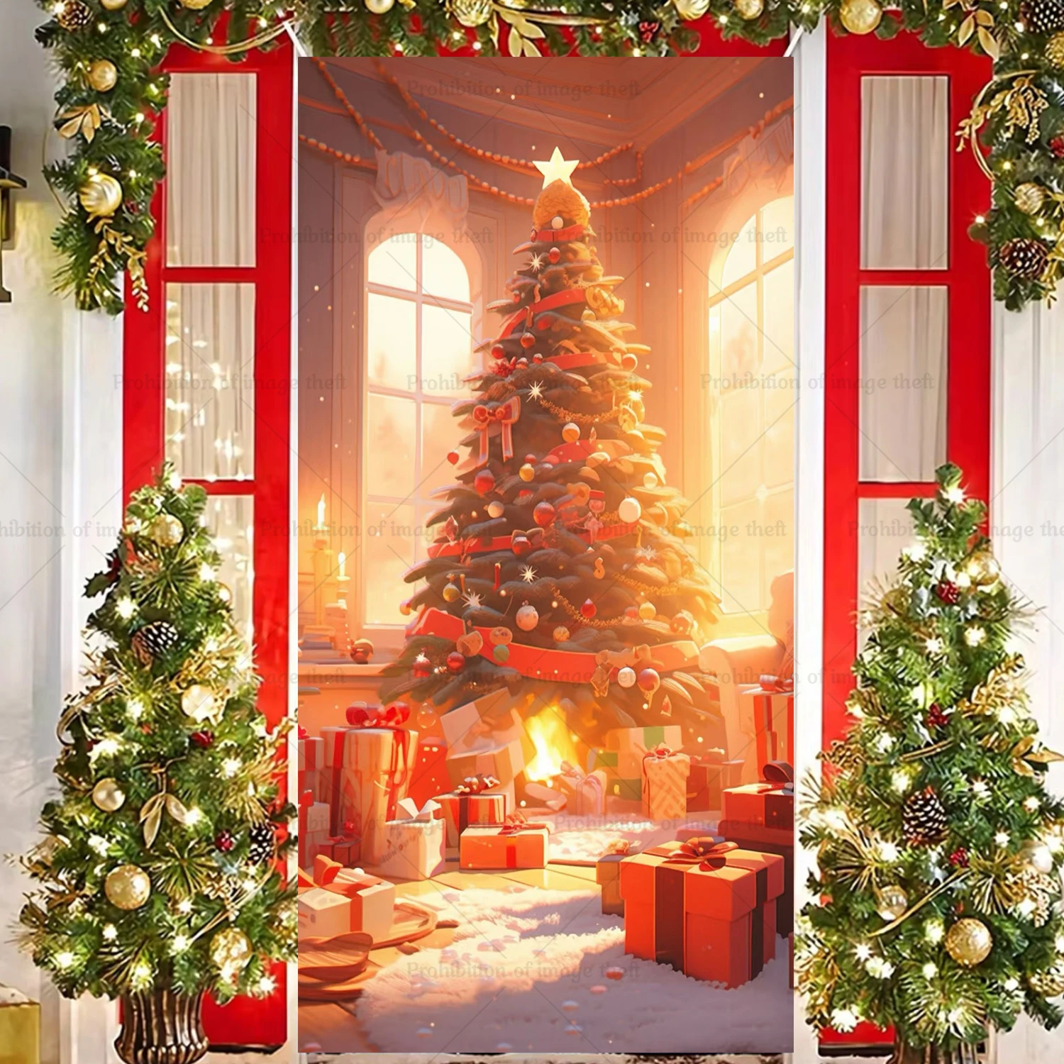 الشتاء ثلج موضوع ندفة الثلج شجرة عيد الميلاد الدافئة ضوء زوجين سانتا السنة الجديدة غطاء الباب الديكور في الهواء الطلق خلفية شرفة #4