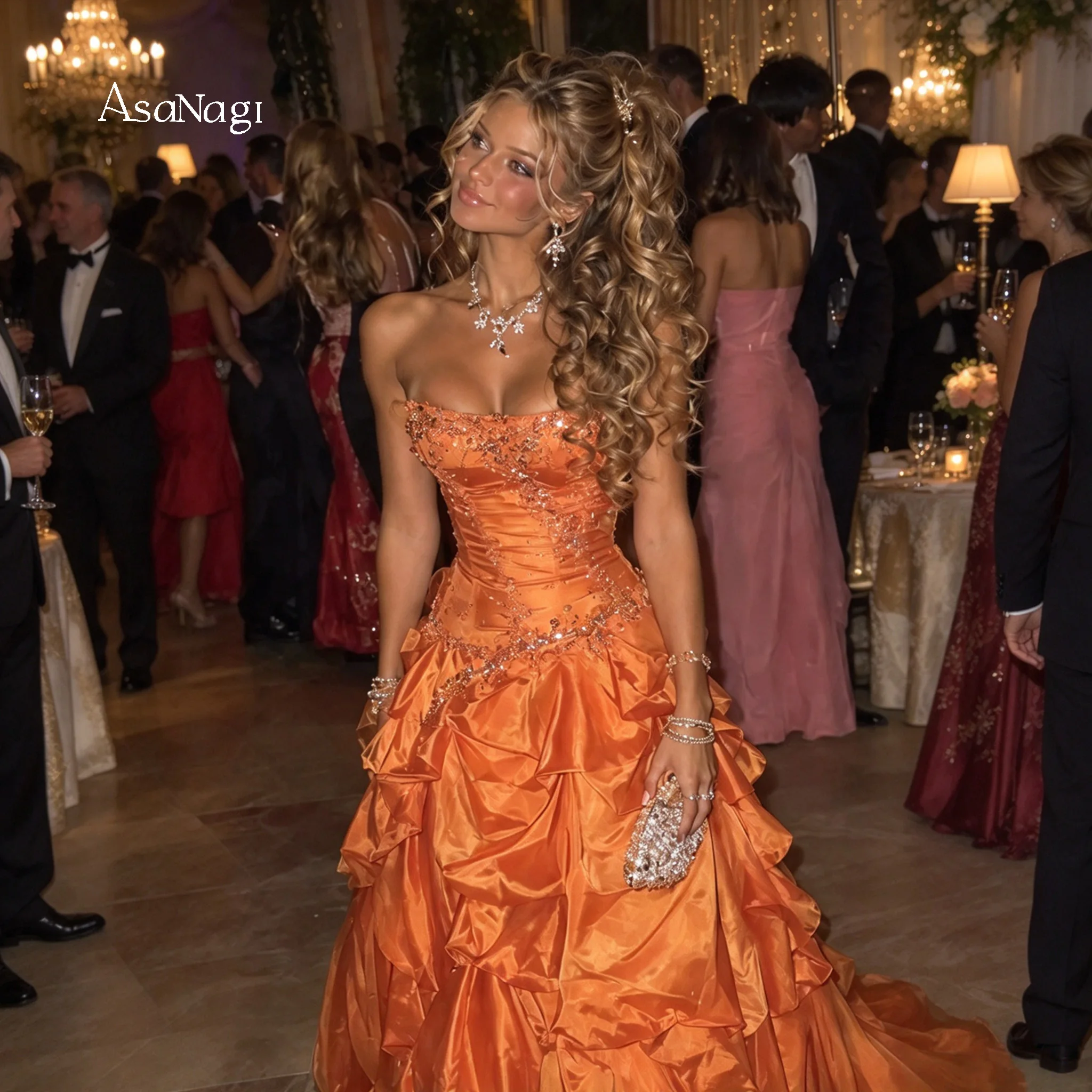 Vibrant Glam Banquet Formal Gown Strapless Sweetheart Rhinestone Embellished Multi Layer Ruffled Satin Long Evening Dress