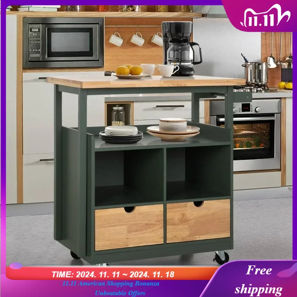 Rolling Kitchen Island on Wheels, Mobile Kitchen Cart Trolley Cart with Rubberwood Tabletop and Open Shelves