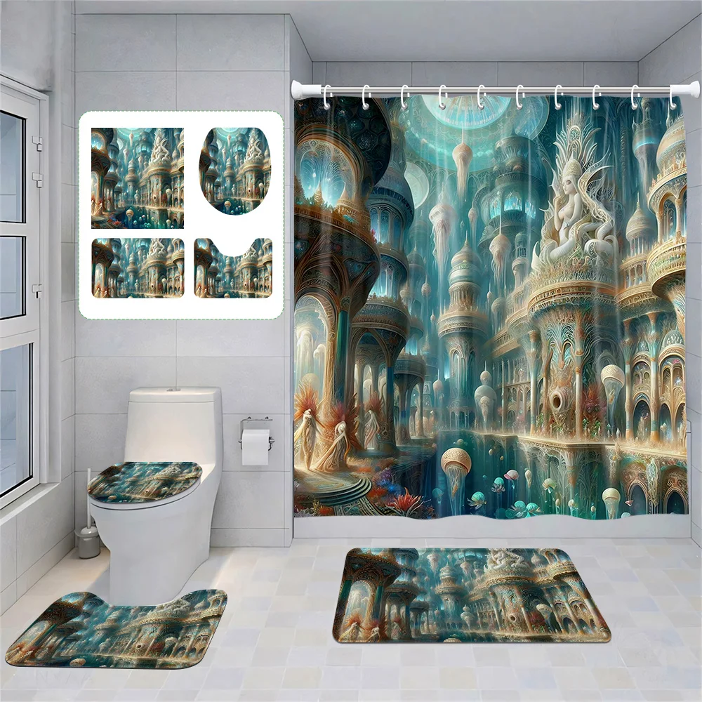 

Fantasy Underwater Castle 4 Piece Bathroom Shower Curtain suit-3D Ocean Palace Pattern Decoration with Bath Mat,