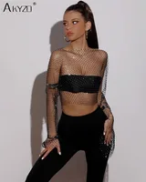 Autumn Women Sexy See Through Fishnet T Shirt Glitter Rhinestone Hollow Mesh Long Sleeve Crop Tops Nightclub Party Festival Top - Image 2