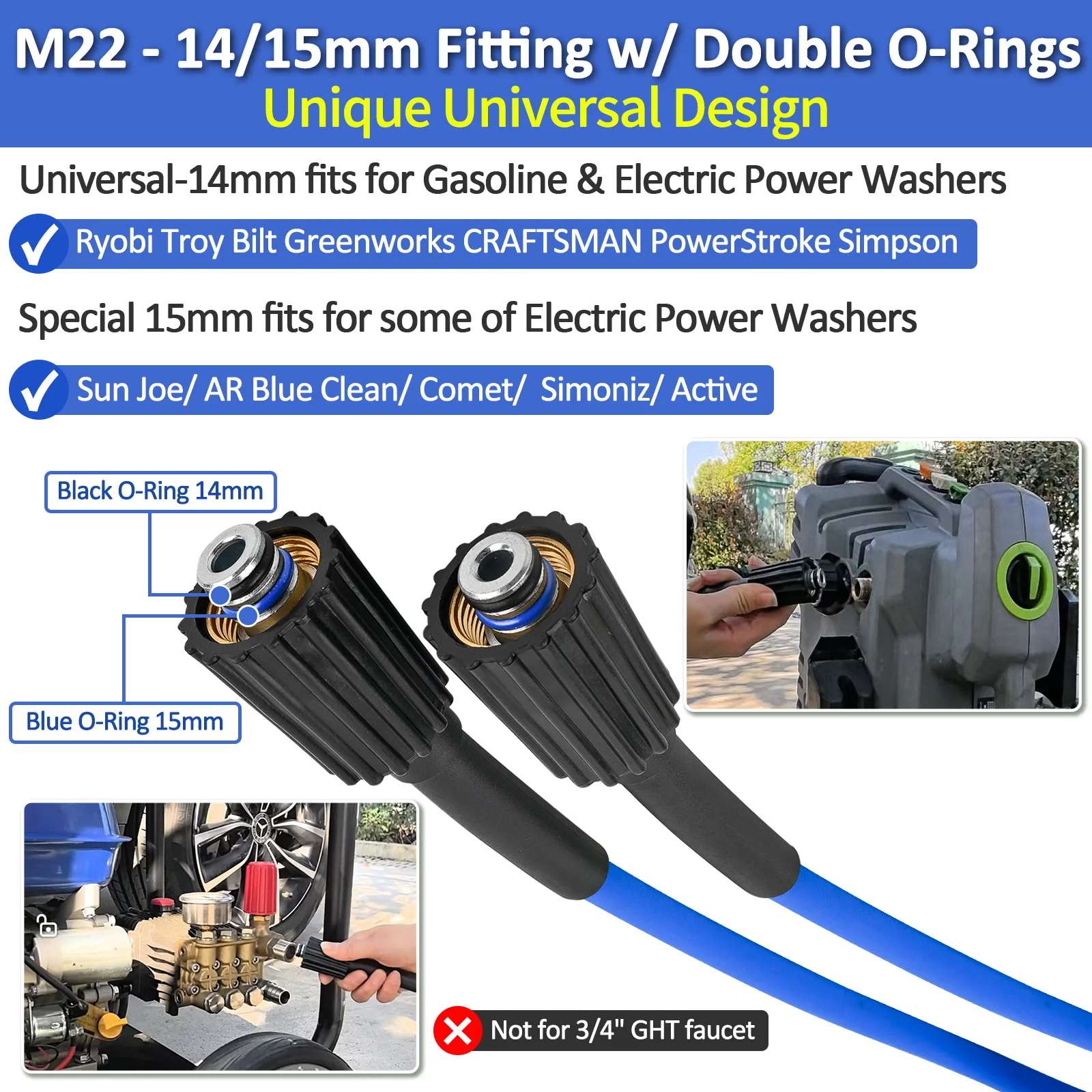 Super Flexible High Pressure Washer Water Hose with M22-14/15mm Brass Fitting 1/4\