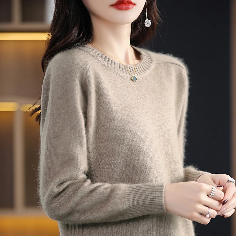 Women\'s Round Neck Pullover Pure Mink Cashmere Sweater Spring and Autumn Korean Version of the Trend Bottom Sweater Selling Top