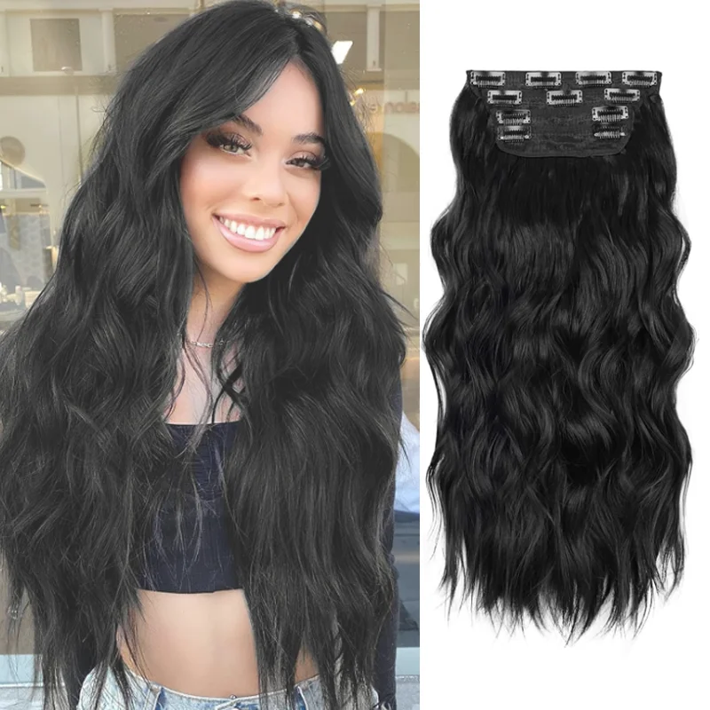 Clip in Hair Extensions 4PCS Synthetic Black Thick Hair Piece 24Inches Long Wavy Clip in Extensions