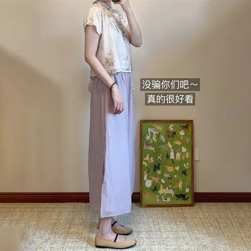 Traditional Chinese Clothing Collar Short Sleeved Top Qipao High Waist Versatile Hanging Wide Leg Pants Chinese Clothes Women