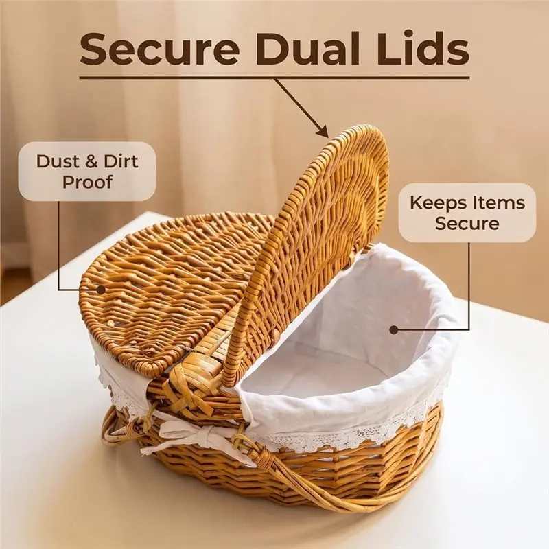ABKY-Hand-Woven Portable Picnic Basket Braided Wicker Picnic Basket