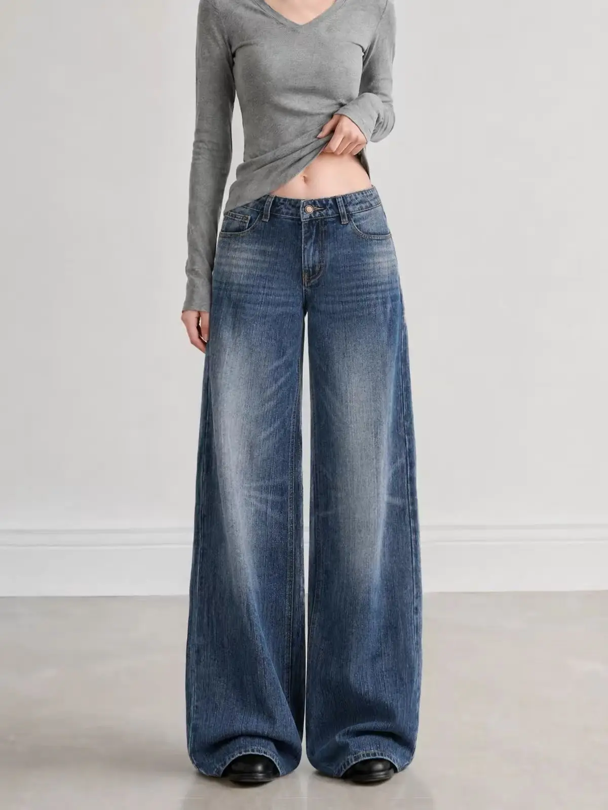 Slub Texture Low Waist Straight Wide Leg Jeans Women Early Autumn New Loose Slim Casual Denim Pants