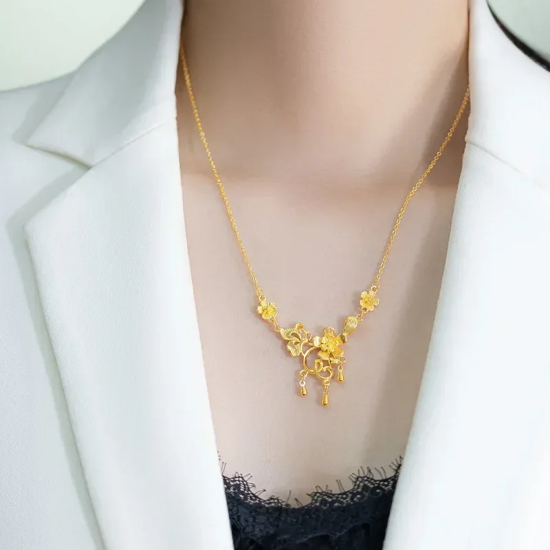 

9999 Real Gold 24K Premium Gold Wedding Flower Necklace Niche Fashion Bridal Jewelry Flower Field Happy Event Flower Necklace