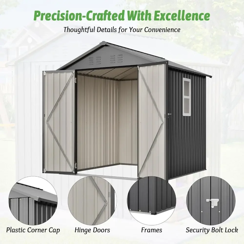 6x6 Galvanized Steel Outdoor Storage Shed with Lockable Door, Sloping Roof, and Clear Window for Garden Tools, Backyard, Patio, view 3