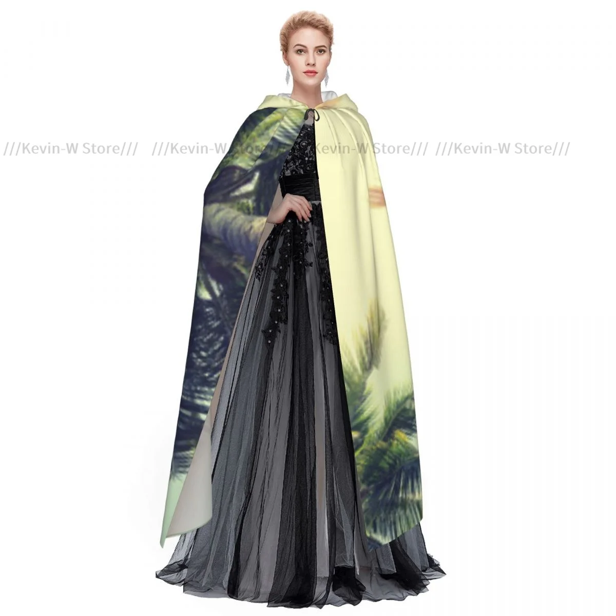 Vintage Nature Coconut Palm Tree On Tropical Beach Hooded Cloak Polyester Unisex Witch Cape Costume Accessory view 2