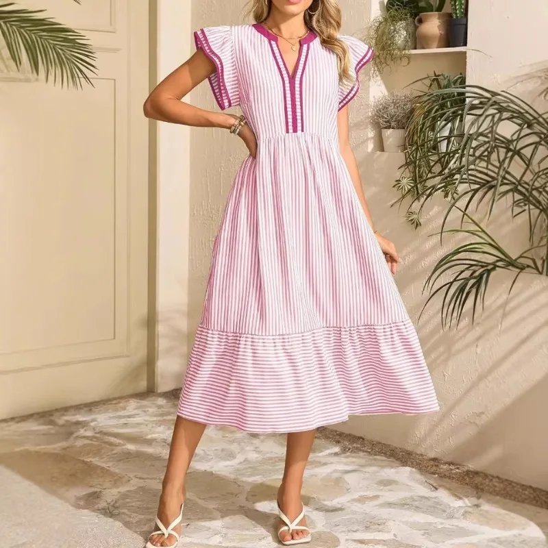 Cross Border 2026 European American Fashion Simple New Women's Striped Double Pleated Short Sleeved Contrasting V-neck Skirt