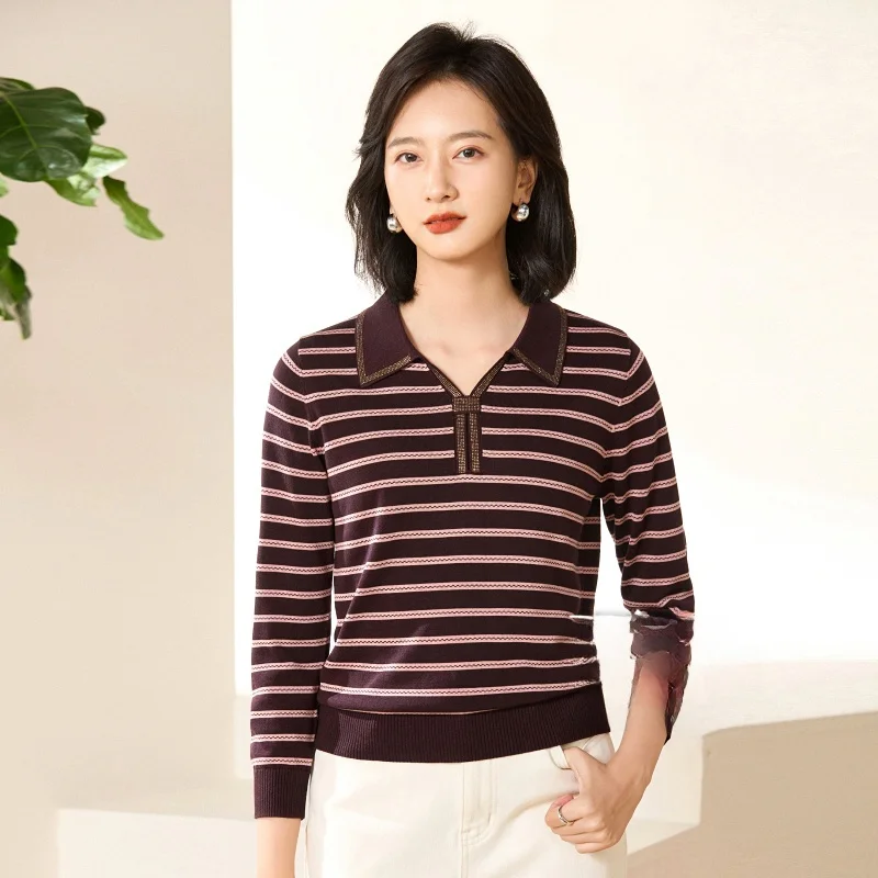 

Повседневный шелковый саржевый воротник с бриллиантами, полосатый женский трикотаж для отдыха, мягкий длинный свек, стандартный крой, осеннее новое поступление