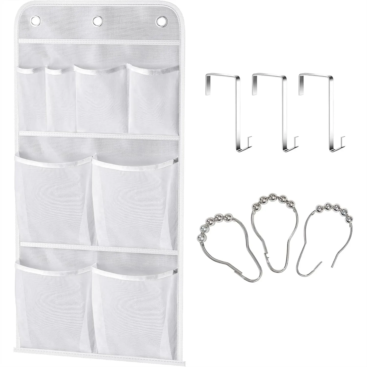 

Hanging Mesh Shower Organizer with Over the Door Hooks, 8 Pockets for Shampoo and Toiletries