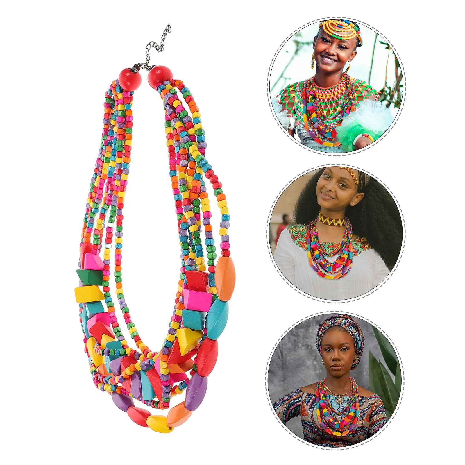 

Multi Layered Chunky Boho Necklace Vintage Beaded Statement Jewelry Colorful Collar for African Women Outfit Tribal Design
