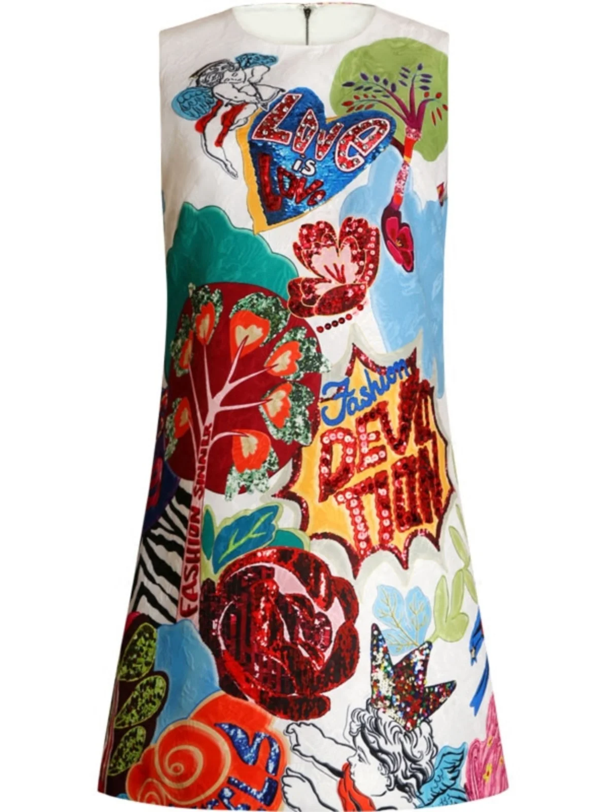 High Quality 2025 Summer Women Vests Dresses Cartoon Printed Diamonds Jacquard A-line Dress Elegant Lady Short Mini Party Dress