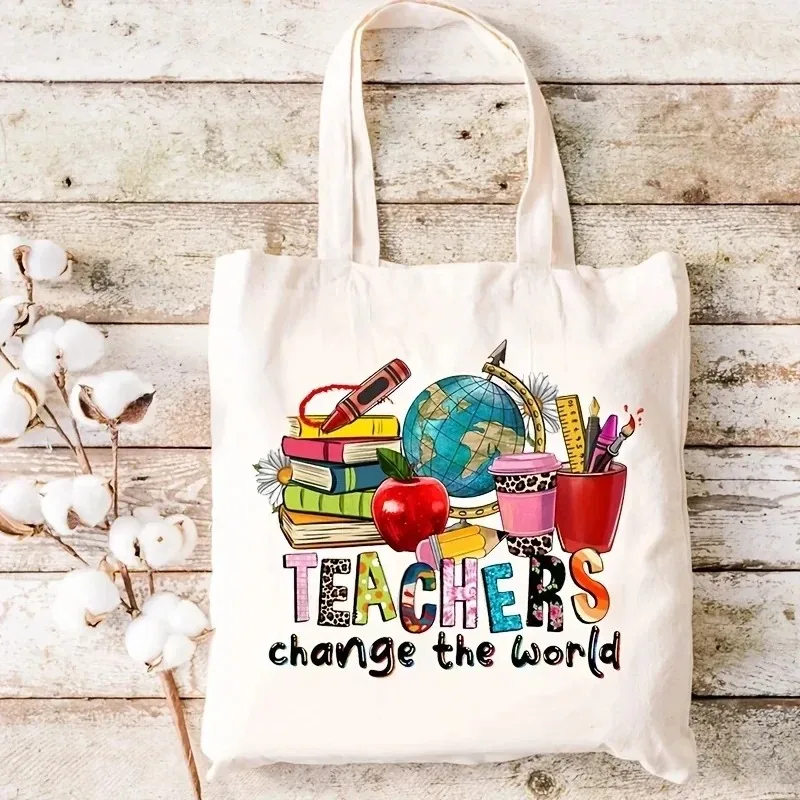 

Retro Canvas Tote Bag Inspirational "Teachers Change The World" Large Capacity Handbag for Shopping Travel Women's Shoulder Bag