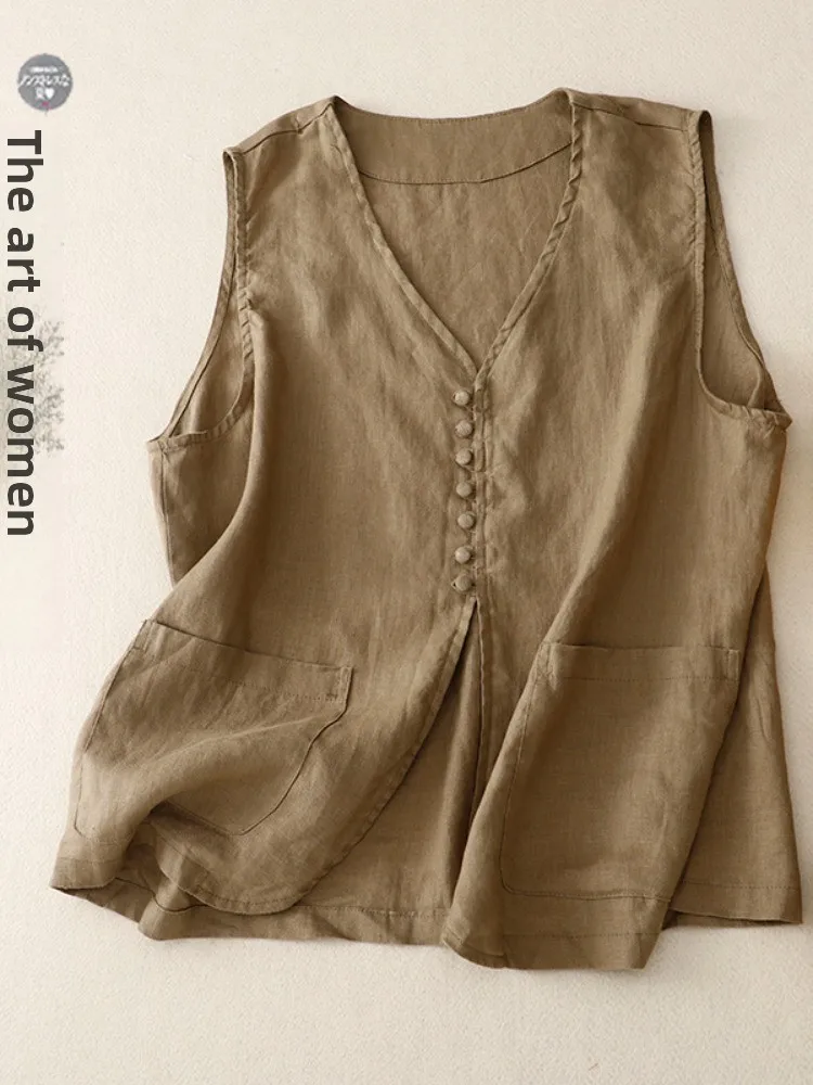 

Retro Cotton Linen Vest Women Summer Loose V-ne Buttonl Svel Casual Outerwear Linen Vest Top Thin