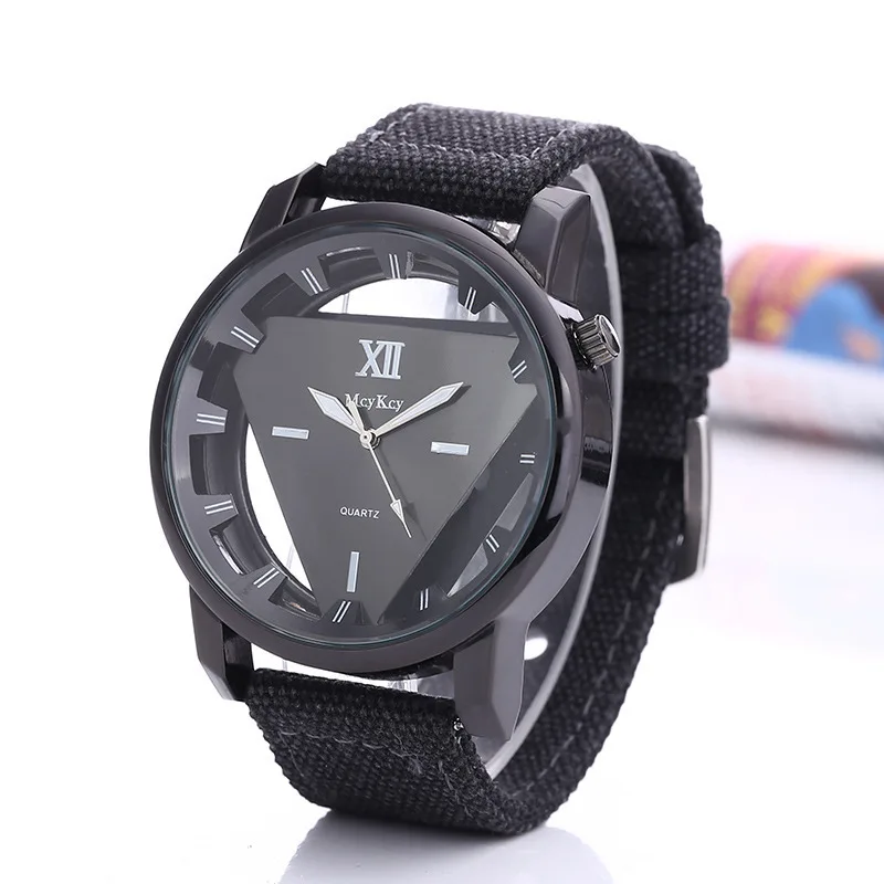 UTHAI CQ155 Fashion Triangle Double sided Hollow Men watch Cowboy Canvas Strap Watch Quartz Watch Clock Gift watches for man