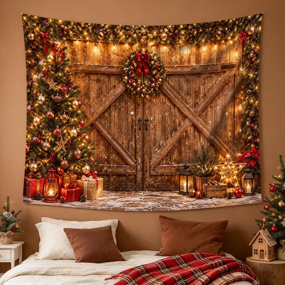 1PCS Tapestry, Wooden Barn Door Christmas Tree Lights Gifts Lantern Scene, Holiday Party Decoration for Home Studio Wall