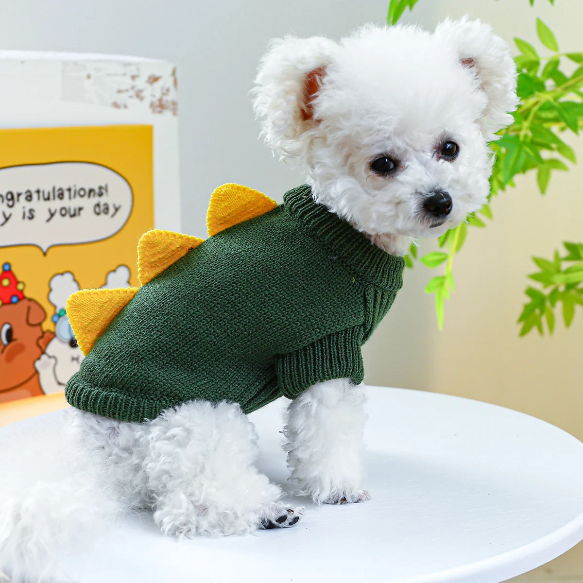 1PC Pet Wear Dog Spring, Autumn, and Winter Warm 3D Green Cute Dinosaur Knit Pullover Sweater For Small Medium Dogs