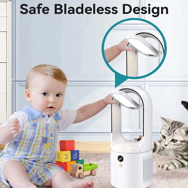 Ventilador elétrico recarregável USB Bladesess, refrigeração silenciosa de desktop, ventilador portátil sem fio com luz noturna, 6 velocidades, 2000mAh