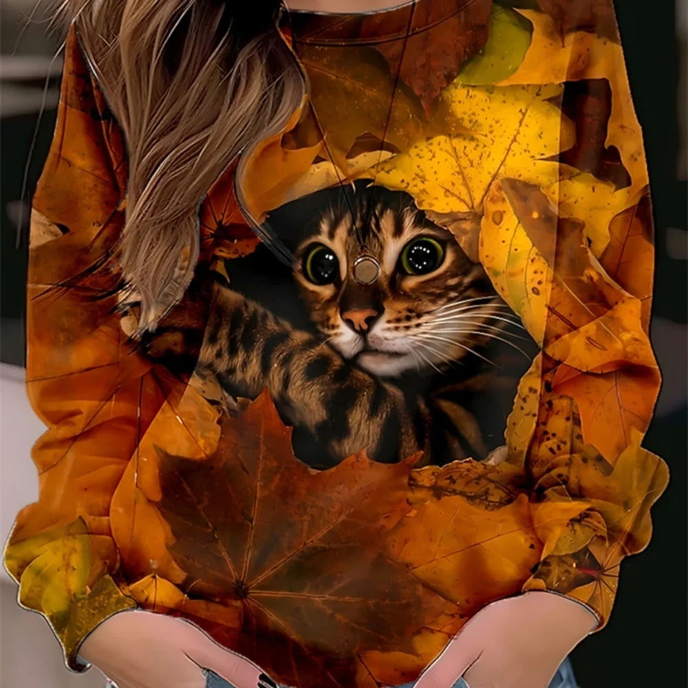 Moletom feminino pulôver poliéster floral gato rua casual vintage esportes básico em torno do pescoço manga longa topo comfrt macio 2026