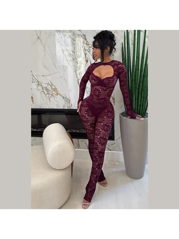 Kobiety Seksowny żakardowy koronkowy 2-częściowy zestaw z pełnym rękawem Wydrążony kombinezon bez pleców Top + Legginsy z rozcięciem Spodnie Party Clubwear Suit — zdjęcie 2