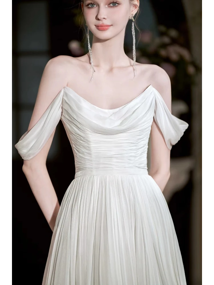 Customized Off Shoulder Cowl Pleated Chiffon A-Line Gown Deep V Back Ruffled Cathedral Train Bridal Reception Civil Garden Beach