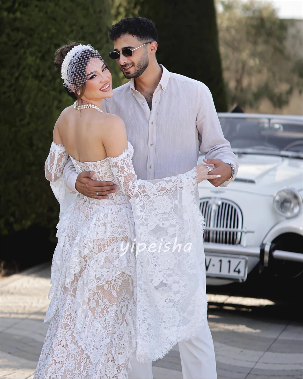 Abiti lunghi senza spalline a sirena con pieghe increspate in pizzo moda stile moderno personalizzato Abiti per occasioni su misura Taglie disponibili formali