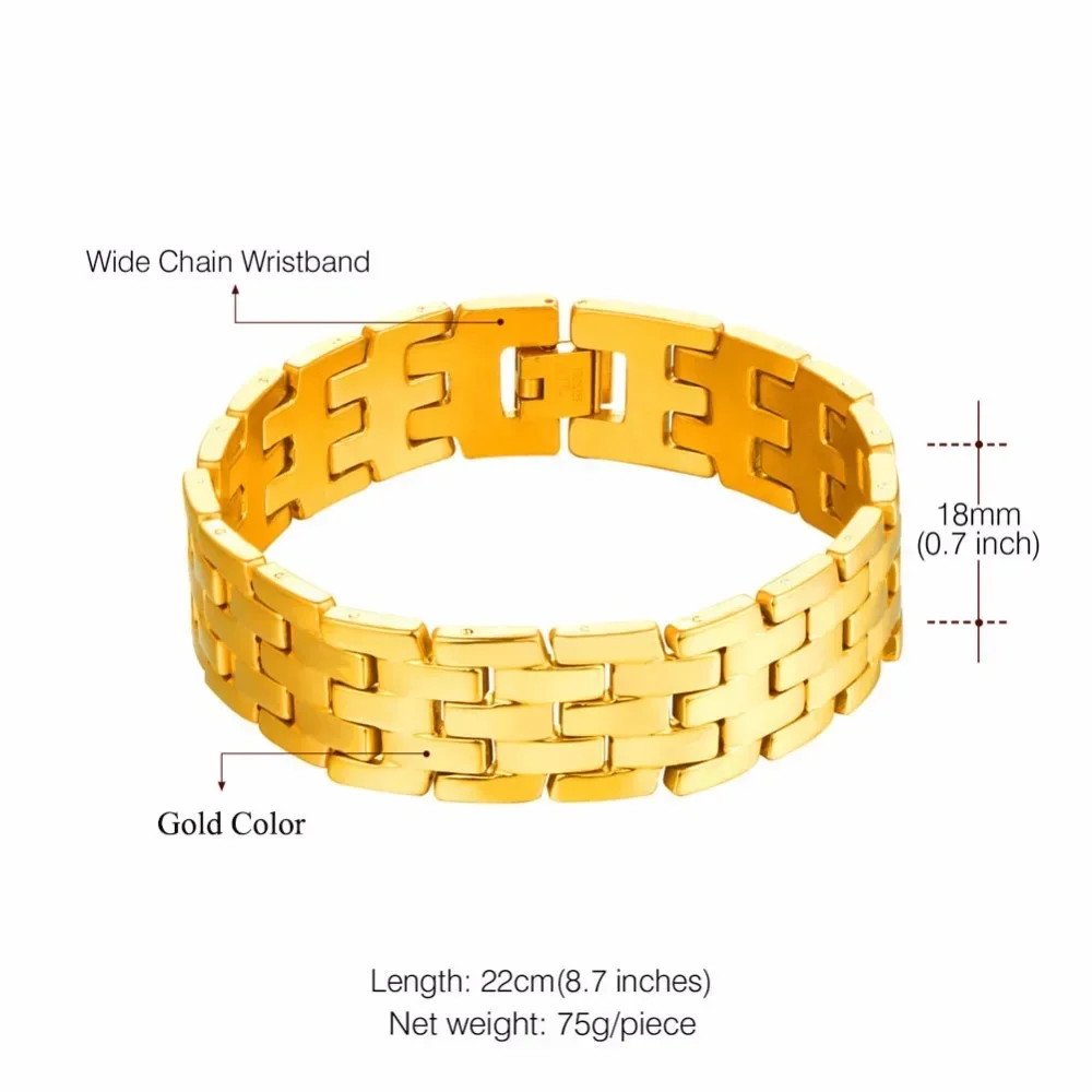 U7 Stainless Steel 19cm Flat Watch Band Strap 8mm Wide Chain Bracelet Wristband (with adjusting tool) Men Jewelry Gift for Him