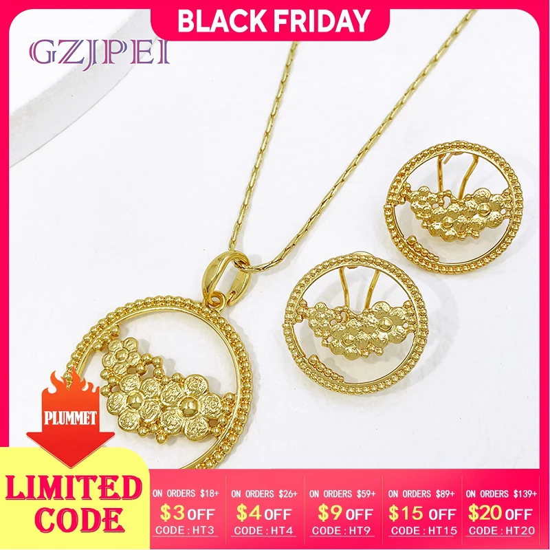 

New Necklace Earrings Set For Women Fashion Jewelry 18k Gold Plated Round Pendant Wedding Party Accessories