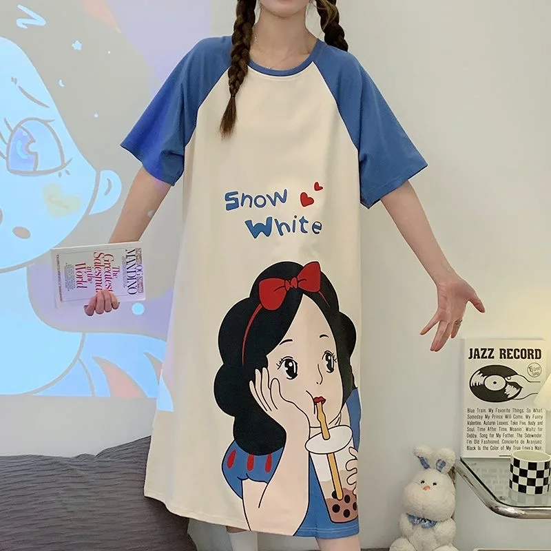 2024 Summer New Snow White Printing Cute Cartoon Pattern Girls Shoulder Short Sleeve Dress KID/Adults Cute Loose Casual Pajamas