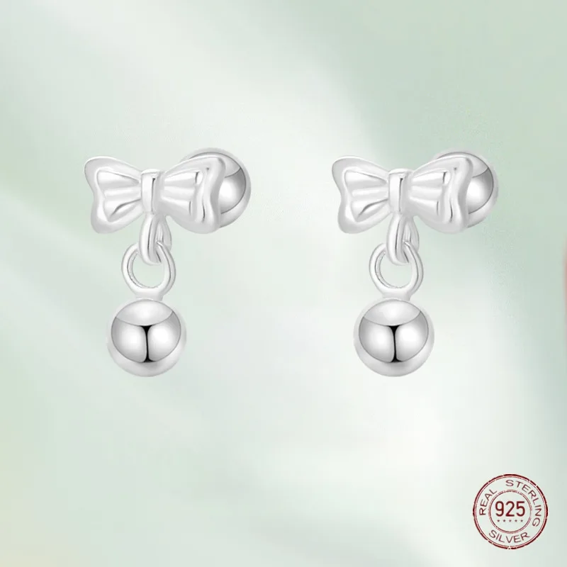 Pendientes de plata de ley 925 para mujer, aretes de tuerca con cuentas de Bowknot, con tornillo redondo de Metal, pendiente de hueso de oreja para uñas, regalo de joyería de moda 2023