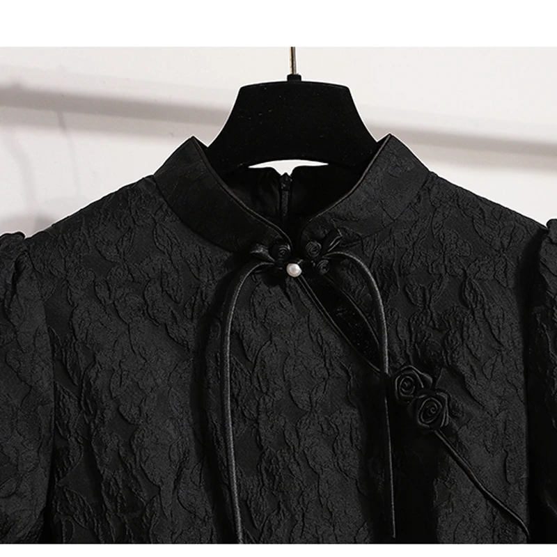 Women Black Dresses Summer Female Stand Collar Short Sleeve Large Size Elegant Vintage Chinese Cheongsam Jacquard Slim Vestidos