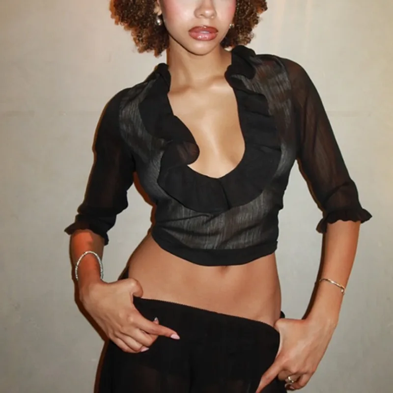 Tuularose Damen Schwarzes Rüschenhemd, Modisches Sexy Durchsichtiges Blusen-Top, Neue Streetwear, Schickes Vintage-Party-Damenhemd