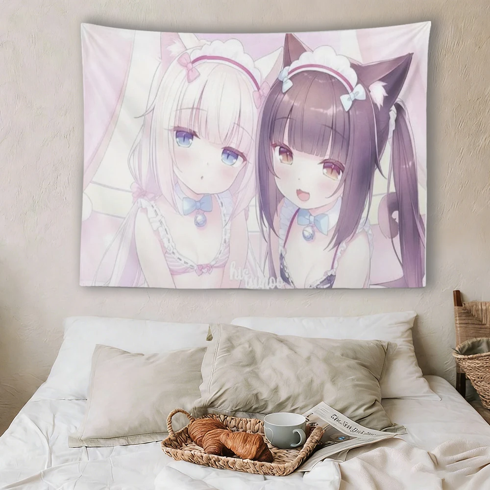 Nekopara Chocola & Vanilla Wandteppich, Kawaii Catgirl Maid Wandbehang, Pastellrosa Anime-Dekoration für Schlafzimmer, Studentenwohnheim, Gaming-Raum
