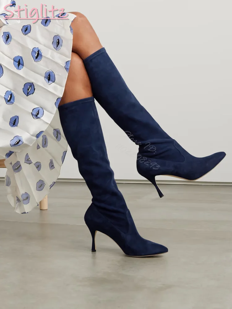 

Retro Blue Suede Stretch Boots Solid Pointed Toe Shallow Slip-on Stilettos Knee-high Boots 2025 Women New Fashion Modern Shoes