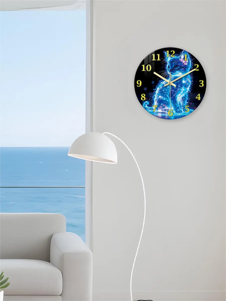 A Unique Neon Cat Tempered Glass Wall Clock, 12-24inch Round Cat-Themed Decorative Silent Clocks Powered by Batteries, Stunning Blue Galaxy Kitten Pattern, Perfect for Home and Kitchen Decoration, Also Suitable as a Valentine's Day Gift (Battery Not Included)