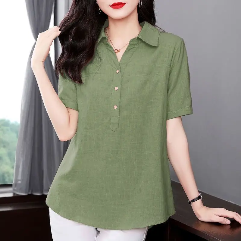 

Women Summer Simplicity office Lady Loose Turn-down Collar Solid color short sleeve Shirts women clothes Fashion All-match tops