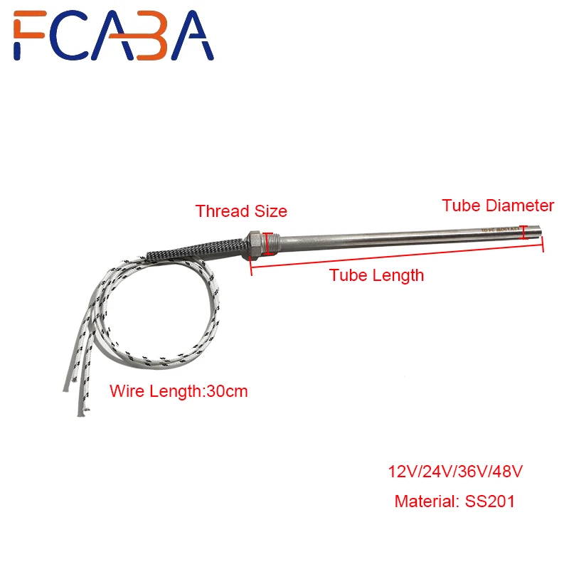 FCABA 12V/24V/36V/48V SS201 Threaded Cartridge Heater Tubular  1PC 50~200mm Single Head Heating Element 60W/100W/120W/180W/250W