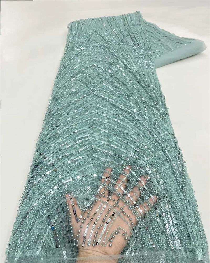 

High Quality African Gold Handmade Beaded Lace Fabirc 2026 Sewing sequins Embroidery Nigreian Lace Fabric Women Wedding Dress