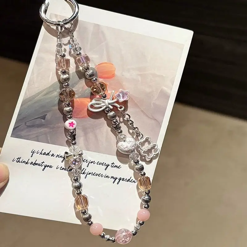 

Розовый кристалл плюшевый мишка подвеска для телефона милый ремешок из бисера брелок сумка кулон эстетический ремешок подарок