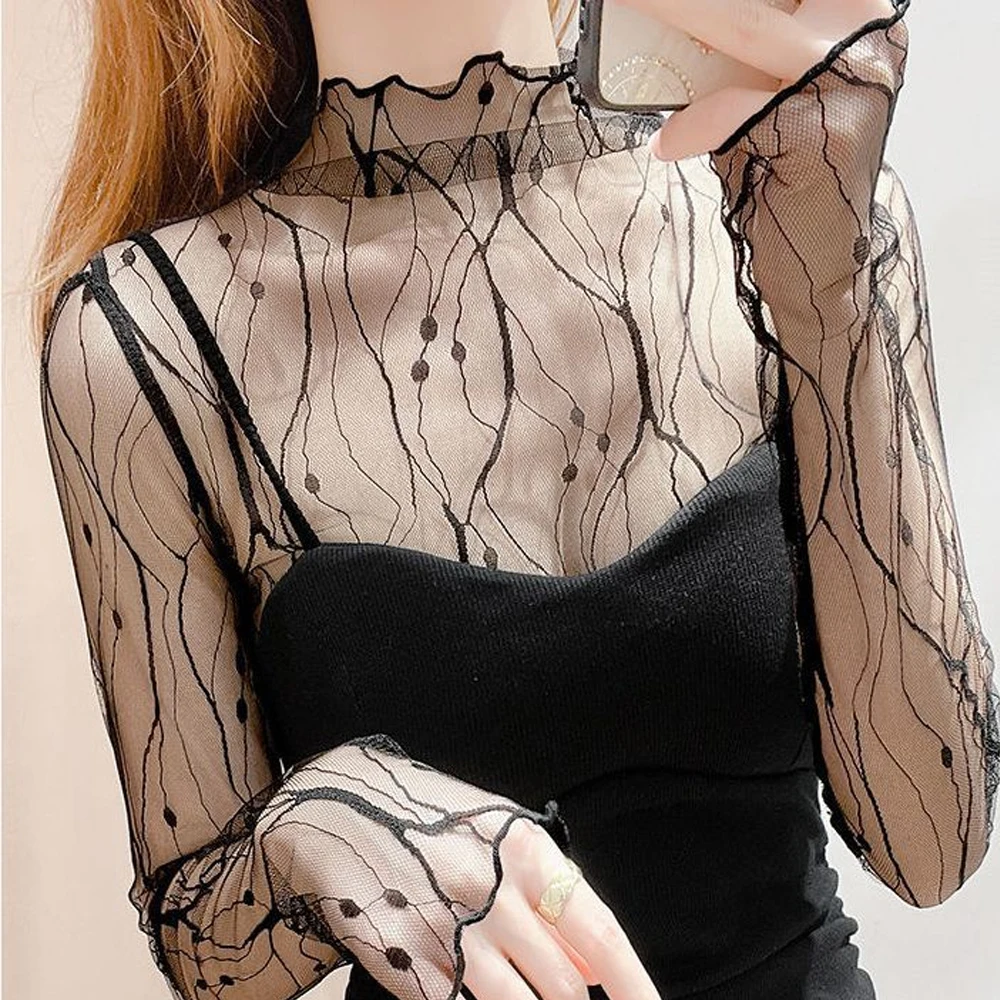 Sexy Mesh Transparent Blouses Tops Sheer Fishnet See Through Long Sleeve Sunscreen Tops Black Silver Bling Party Bottoming Shirt