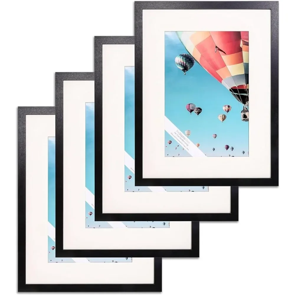 Photo Frame Black Wooden Minimalist Picture Set - Tempered Glass 18x24 Matted To 12x18 - Wall Hanging 4-Pack Albums Frames